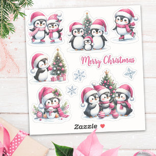Funny Penguins i Rosa God jul Klistermärken