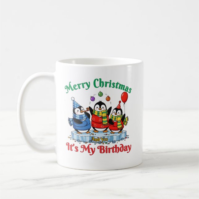 Funny Penguins, Merry Christmas Birthday Kaffemugg (Vänster)