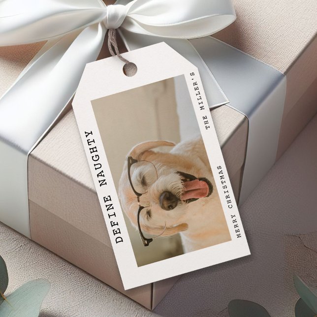 Funny Pet 'Define Naughty' Photo jul Presentetikett (Skapare uppladdad)