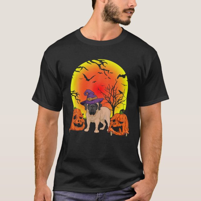 Funny Pet English Mastiff Hund Witch Hat Halloween T Shirt (Framsida)