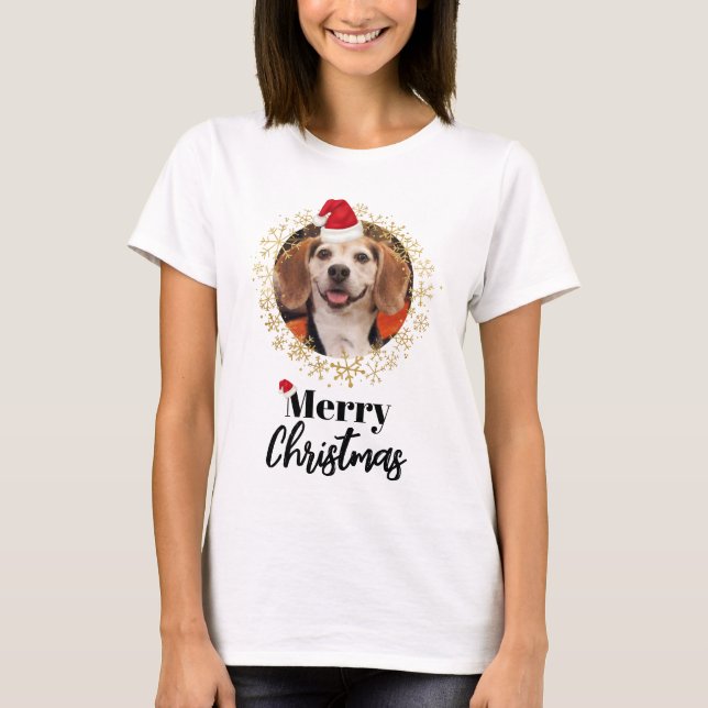 Funny Pet Photo Red Santa Hat Snöflingor jul T Shirt (Framsida)
