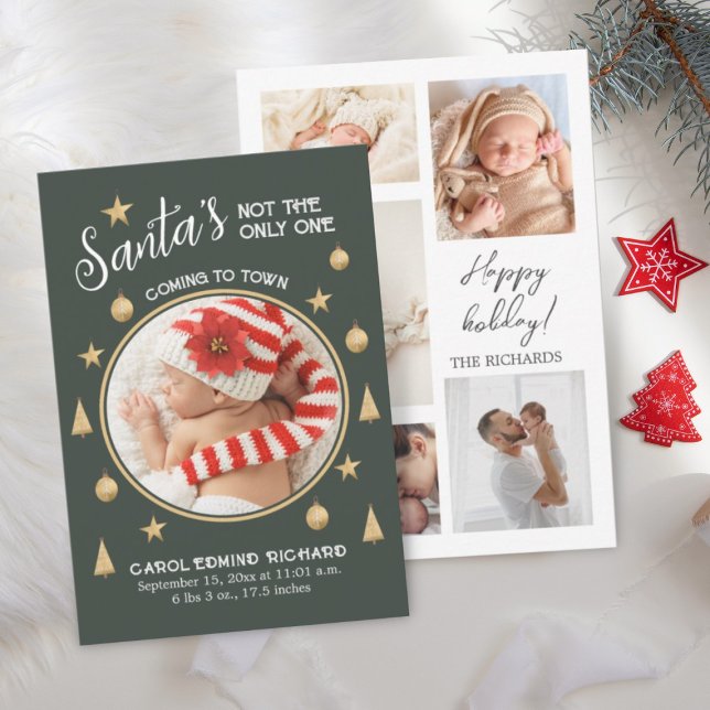 Funny Photo Collage Birth Stats Helgdag Tack Kort (GREEN CHRISTMAS BABY BIRTH ANNOUNCEMENT CARD)