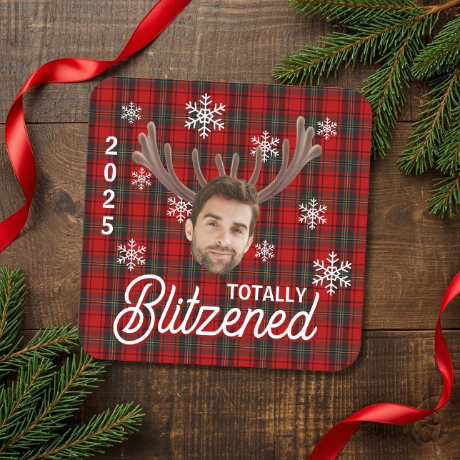 Funny Photo Face Blitzened Christmas Custom Gift Underlägg Papper Kvadrat (Funny Photo Face Blitzened Christmas Custom Gift Square Paper Coaster for holiday party or offices)
