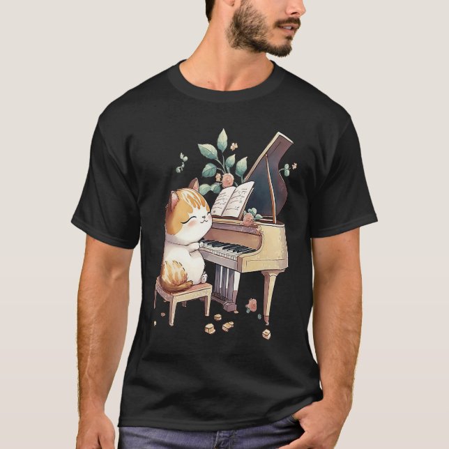 Funny Piano Music Cat Men Women Kids Cat Piano Lov T Shirt (Framsida)