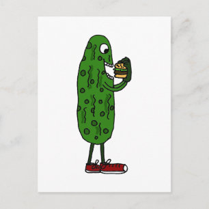 Funny Pickle Eating Hamburger Tecknad Vykort