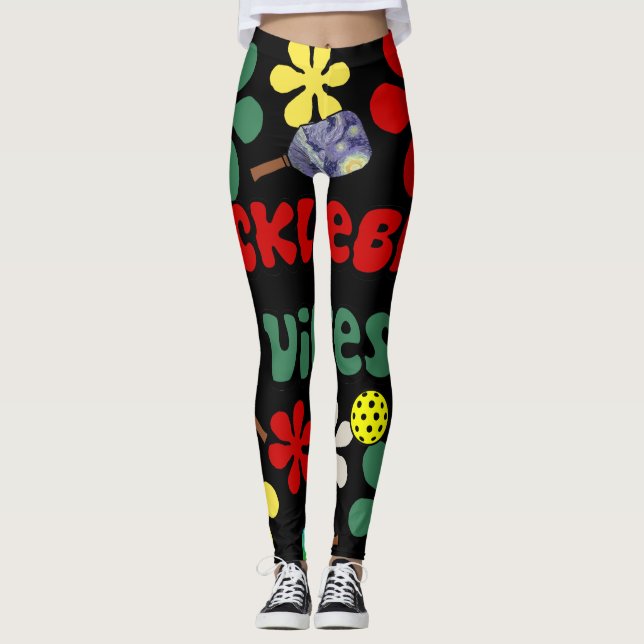 Funny Pickleball Vibes Retro Flowers Art Leggings (Framsida)