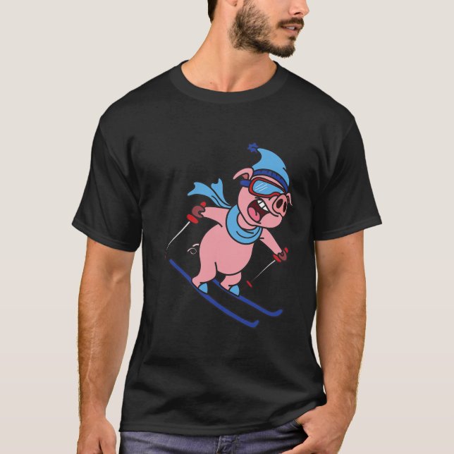 Funny Pig Go Skiing Design Gift Winter Holidays  T Shirt (Framsida)