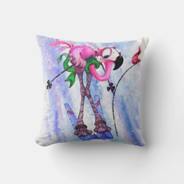 Funny Pillow med Rosa Flamingo Skier Kudde (Framsida)