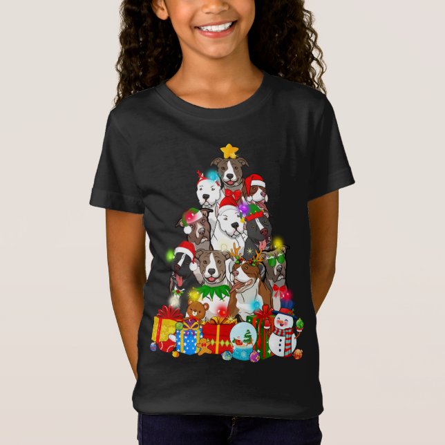 Funny Pitbull Julgran Ljus Puppy Hund T Shirt (Framsida)
