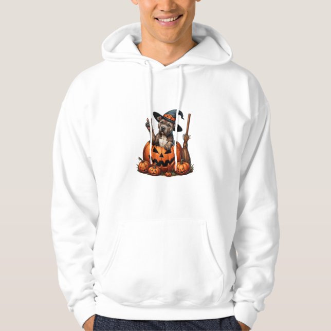 Funny Pitbull Witch Pumpkin Hund Halloween Manar W Hoodie (Framsida)