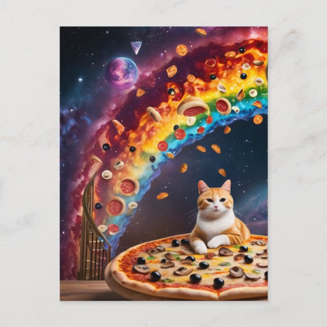 Funny Pizza Cat i Space Rainbow Trappor Vykort (Framsida)