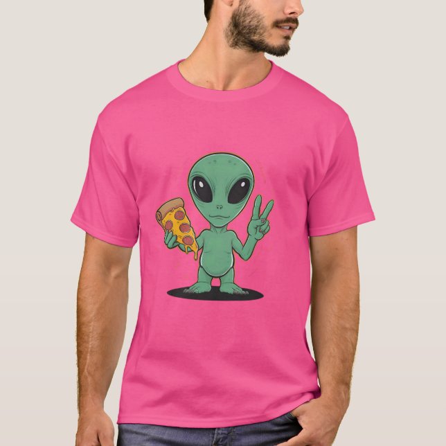 Funny Pizza UFO Alien Eating Pizza Extraterrestria T Shirt (Framsida)