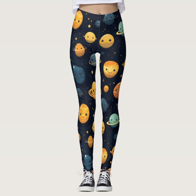 Funny Planets Space Mönster Leggings (Framsida)
