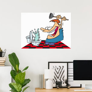 Funny plumber som tar bort blockering av ett toale poster