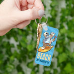Funny Polar Bear Beach Party Summer Surfer Cartoon Nyckelring<br><div class="desc">A funny polar bear surfer on a keychain or key ring. Use "Personalize this template" to tweak the "Beach Party" text and create a unique, customized gift; text changes are reflected on both sides. Featuring a cartoon of a cute polar bear enjoying a cocktail and fan while surfing on a...</div>