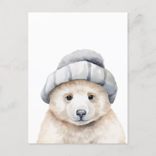 Funny polar i baby bär med sig en motorhuv i vatte vykort