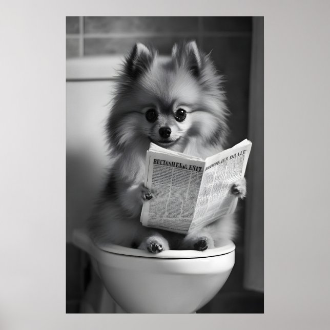 Funny Pomeranian Bathroom Print, Newspaper Reading Poster (Framsidan)