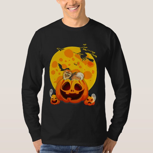 Funny Pommern Hund Pumpkin Witch Hat T Shirt (Framsida)