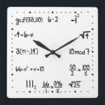 Funny Pop Quiz Math Genius Fyrkantig Klocka<br><div class="desc">Lustigt math-geniets väggklocka. Enkel matteekvationsmur. Pop Quiz. Underbar gåva till matematikguiden. Vit krita med svart bakgrund. elpgeek</div>