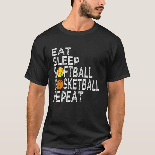 Funny Present Eat Sleep Softball Basketball Repeat T Shirt (Framsida)