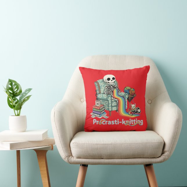 Funny Procrasti-stickande Skeleton och Katt med Kudde (Stol)