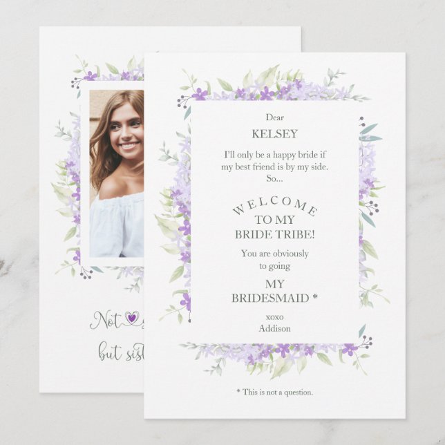 Funny Proposal Photo Bridesmaid Purple Wildflowers (Fram/baksida)