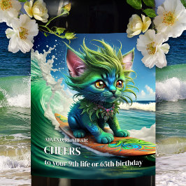 Funny Psychedelic Surfa Cat Vinflaska Etikett