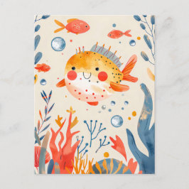 Funny Pufferfish nära Vibrant Reef Vykort