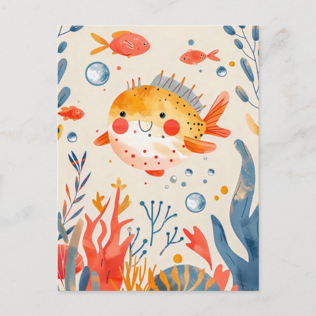 Funny Pufferfish nära Vibrant Reef Vykort (Framsida)