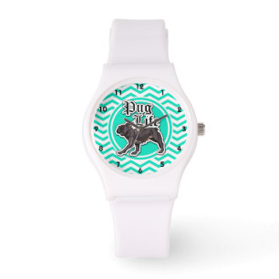 Funny Pug; Aqua Chevron Armbandsur