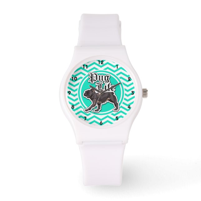 Funny Pug; Aqua Chevron Armbandsur (Framsida)