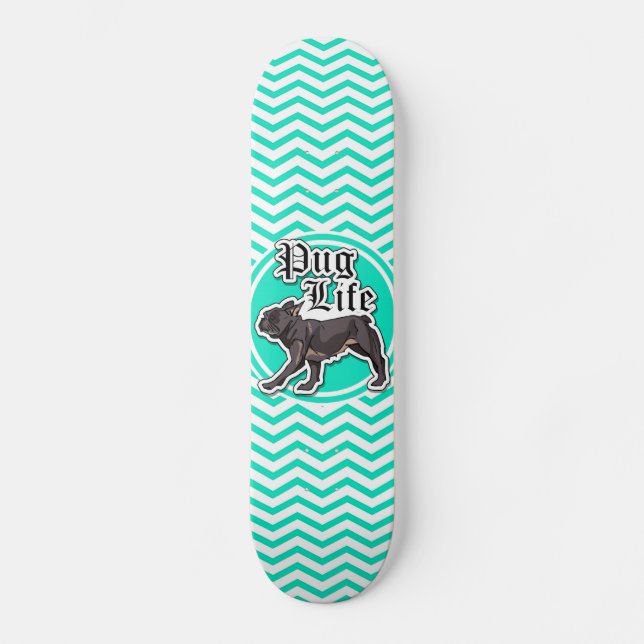 Funny Pug; Aqua Chevron Mini Skateboard Bräda 18,7 Cm (Framsida)