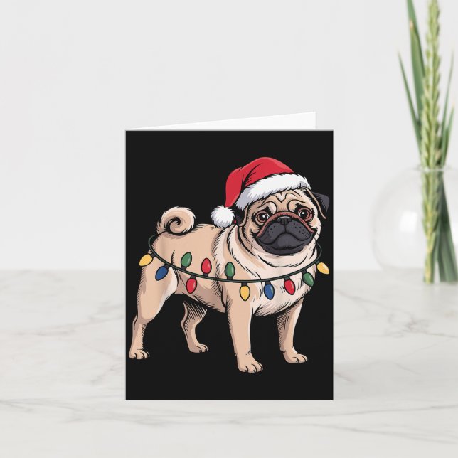 Funny Pug Christmas Santa Hat Xmas Lights  Kort (Framsida)