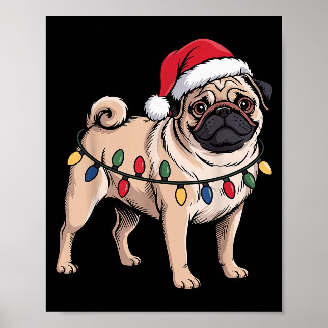 Funny Pug Christmas Santa Hat Xmas Lights  Poster (Framsidan)