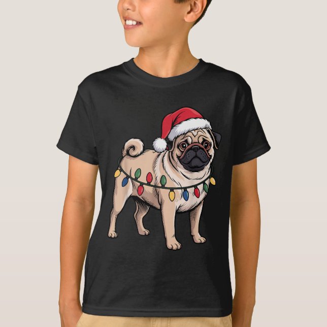 Funny Pug Christmas Santa Hat Xmas Lights  T Shirt (Framsida)