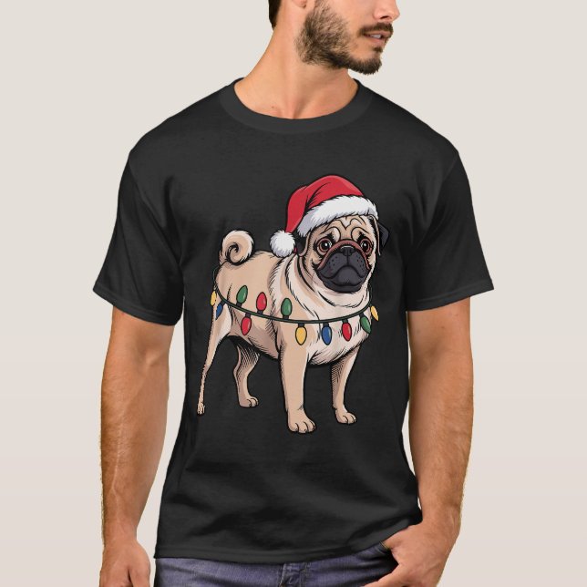 Funny Pug Christmas Santa Hat Xmas Lights  T Shirt (Framsida)