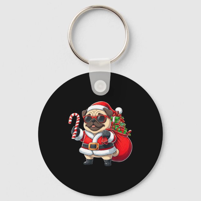 Funny Pug Christmas Santa Outfit Xmas Mom Dad Kids Nyckelring (Framsida)