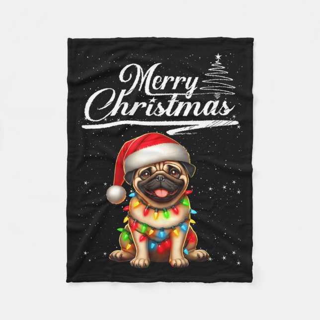 Funny Pug Dog Christmas Lights Santa Hat Candy Can Fleecefilt (Framsidan)