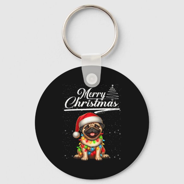 Funny Pug Dog Christmas Lights Santa Hat Candy Can Nyckelring (Framsida)