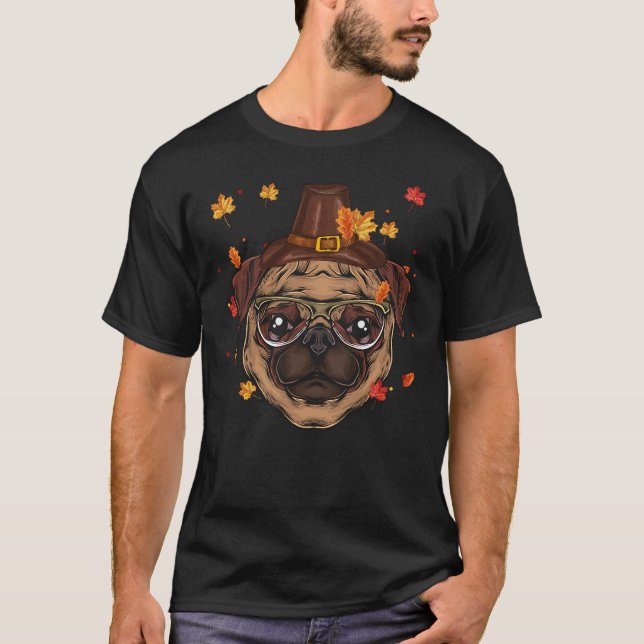 Funny Pug Dog Lovers Pilgrim Hat Fall Happy Thanks T Shirt (Framsida)