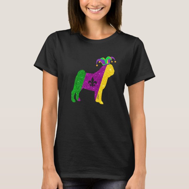 Funny Pug Dog Mardi Gras Party Mask Beads Dog Prem T Shirt (Framsida)