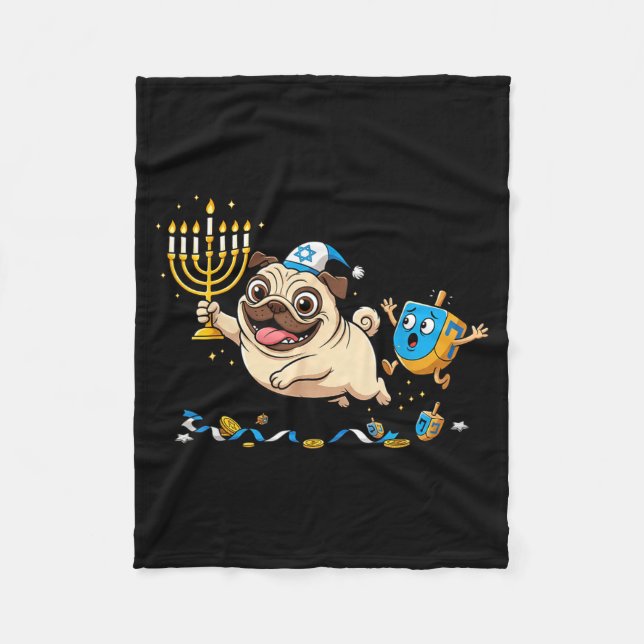 Funny Pug Dreidel Menorah Hanukkah Kids Womens Men Fleecefilt (Framsidan)