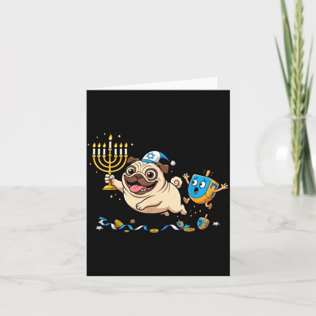 Funny Pug Dreidel Menorah Hanukkah Kids Womens Men Kort (Framsida)