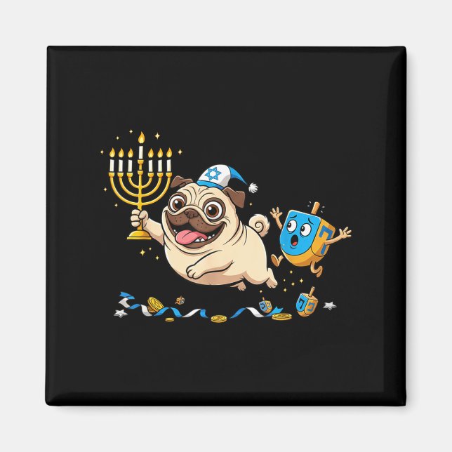 Funny Pug Dreidel Menorah Hanukkah Kids Womens Men Magnet (Framsidan)