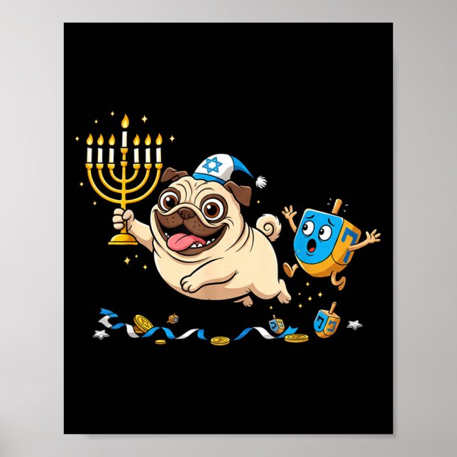 Funny Pug Dreidel Menorah Hanukkah Kids Womens Men Poster (Framsidan)