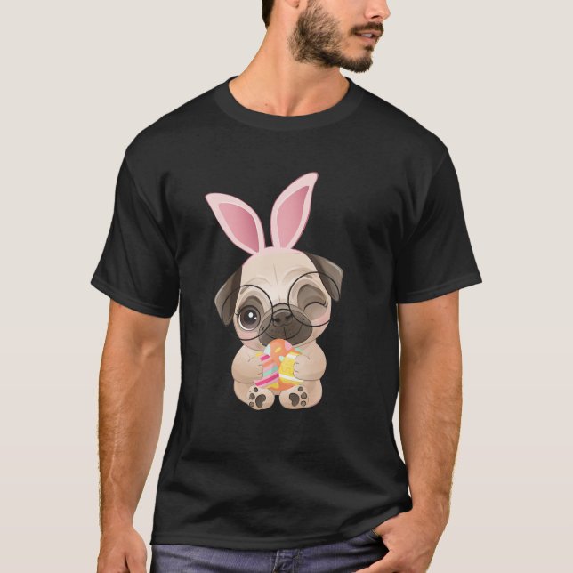 Funny Pug Glad påsk Cute Bunny Hund Pug Eggs Tee (Framsida)