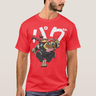 Funny Pug Hund as Japansk Samurai Tecknad Art Grap T Shirt