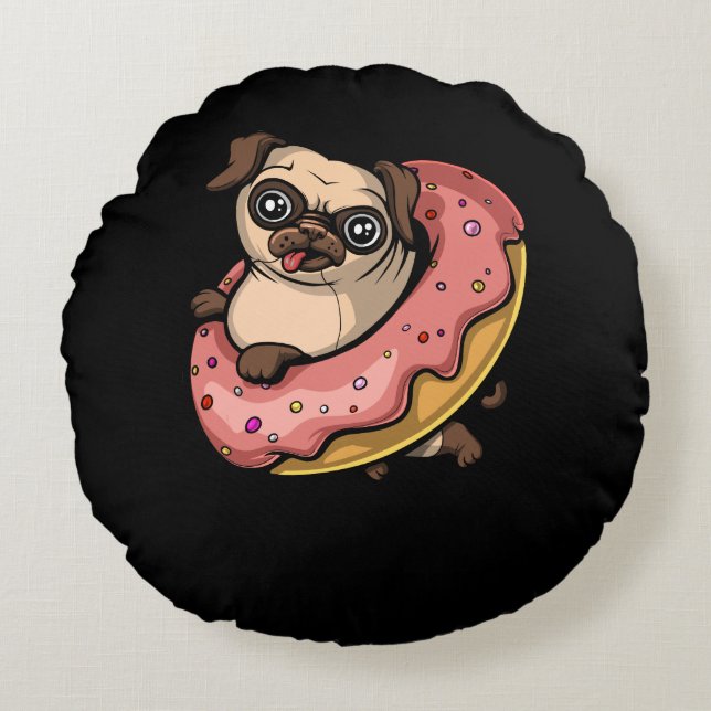 Funny Pug Hund Donut Älskare Pet Rund Kudde (Framsidan)