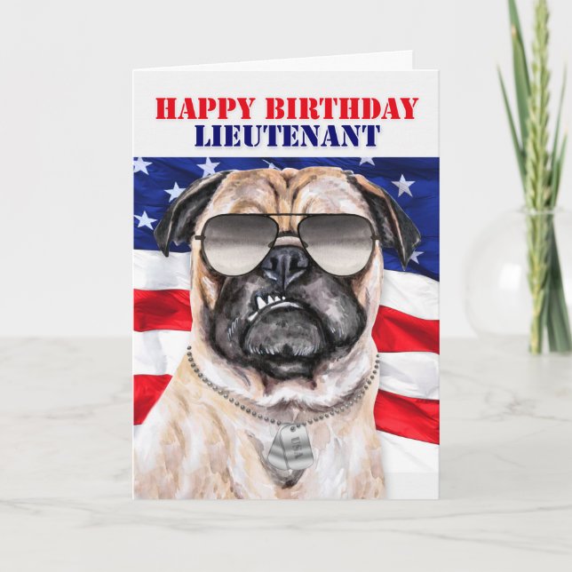 Funny Pug Hund Militär löjtnant Birthday Kort (Framsida)