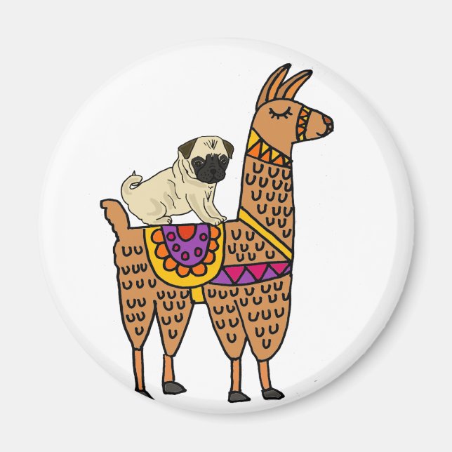Funny Pug Hund Riding Llama Tecknad Magnet (Framsidan)